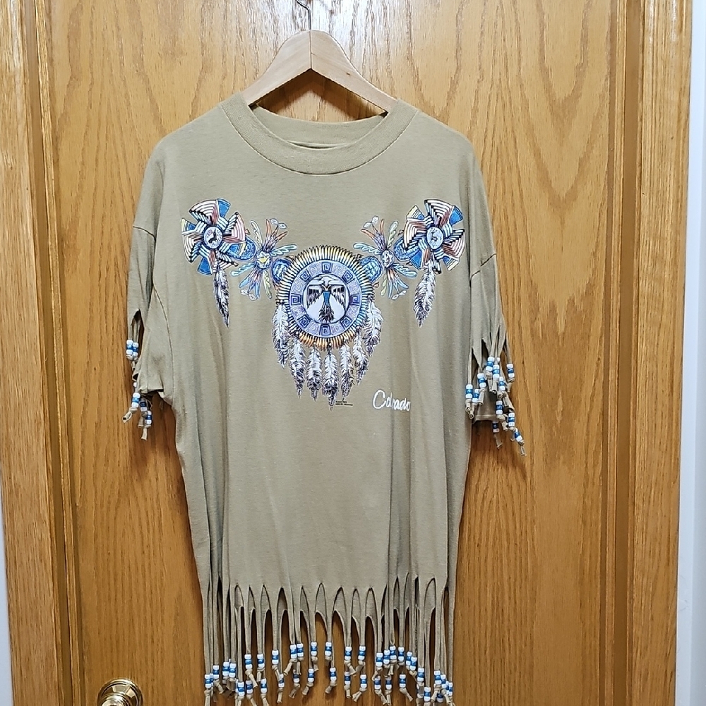 Hanes Tan and Blue Short Sleeve Tee with Fringe
